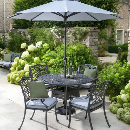 Hartman Capri 4 Seat Round Cast Aluminium Set with Parasol and Base - Antique Grey