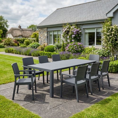 8 Ibiza Chairs and Vegas XL Table Dining Set in Grey