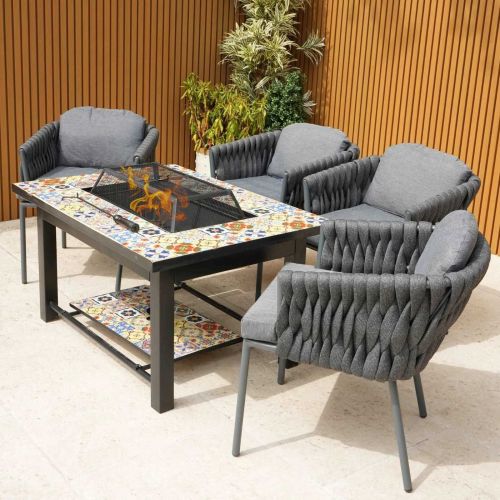 Lambay Table Fire Pit in Black with 4 Aranweave Rope Chairs in Grey
