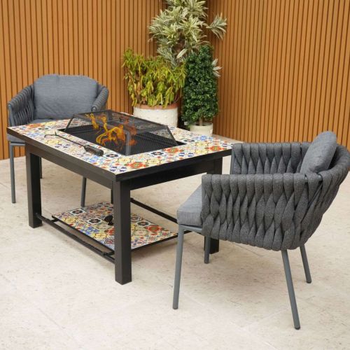 Lambay Table Fire Pit in Black with 2 Aranweave Rope Chairs in Grey