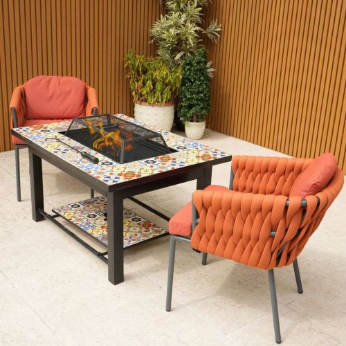 Lambay Table Fire Pit in Black with 2 Aranweave Rope Chairs in Orange