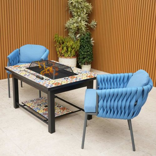 Lambay Table Fire Pit in Black with 2 Aranweave Rope Chairs in Blue