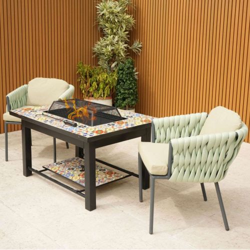 Lambay Table Fire Pit in Black with 2 Aranweave Rope Chairs in Green