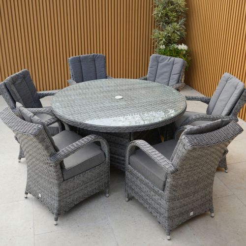 Chicago 6 Seat Round Rattan Dining Set in Grey with Quick Dry Back Cushions