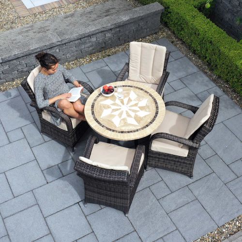 4 Cairo Rattan Chairs with Back Cushions and Dalkey 90cm Stone Top Round Table