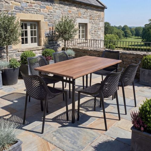 6 Seater Rectangular Canyon Walnut Werzalit Table & Black Air Chairs