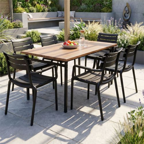 6 Seater Rectangular Canyon Walnut Werzalit Table & Black Paris Chairs