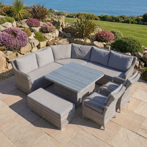 Vancouver Rattan Corner Sofa Dining Set With Bench and 2 Chicago Chairs in Grey