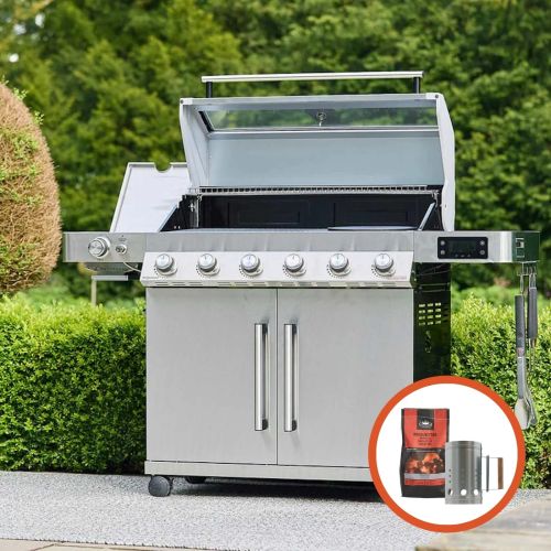Grillstream Gourmet 6 Burner Hybrid (Gas & Charcoal) BBQ with Steak Shelf - Stainless Steel