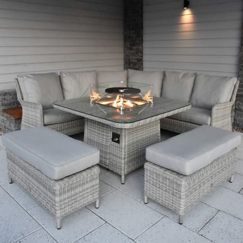Hamilton Firepit Corner Bench Rattan Set with Square Table with BBQ Grill