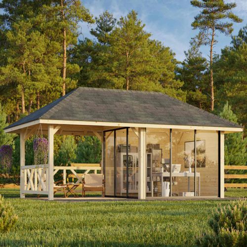 Nuala 16.6m Gazebo with Full Wall, Fences and 3 Sliding Doors (319cm x 588cm x 300cm)