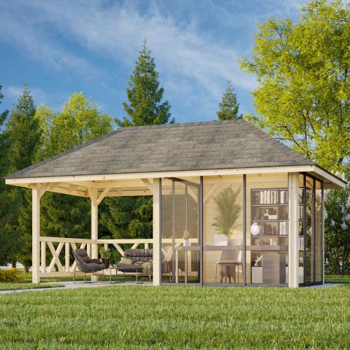 Nuala 16.6m Gazebo with Wall, Louvre Fence and 3 Sliding Doors (319cm x 588cm x 300cm)