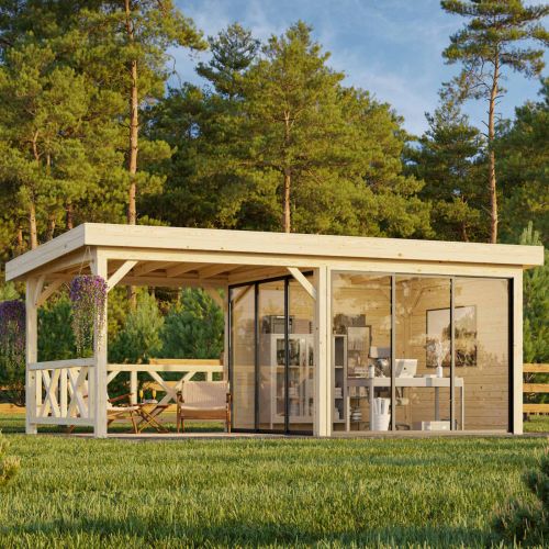 Sorcha 16.6m Flat Roof Gazebo with 2 Full Walls, 2 Side Fences and 2 Sliding Doors (6m x 3m)