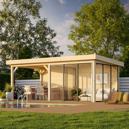 Sorcha 16.6m Flat Roof Gazebo with 2 Full Walls and 3 Sliding Doors (6m x 3m)