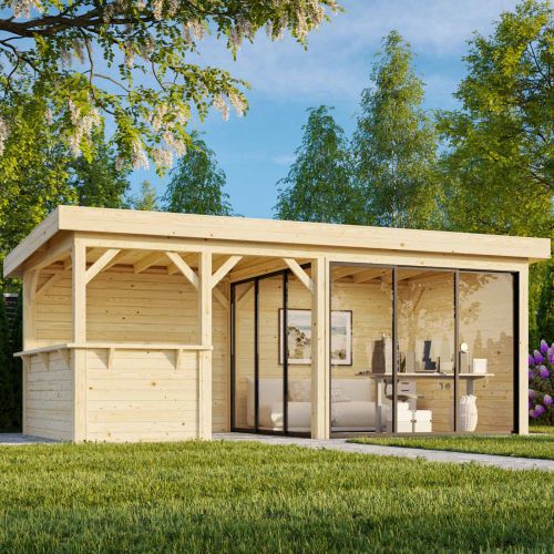 Sorcha 16.6m Flat Roof Gazebo with 3 Full Walls, 2 Sliding Doors and Corner Half Wall (6m x 3m)