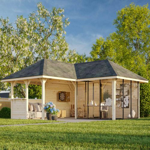 Nuala 24.9m L Gazebo with 3 Full Walls, 3 Sliding Doors and Corner Half Wall (319cm x 588cm x 588cm)