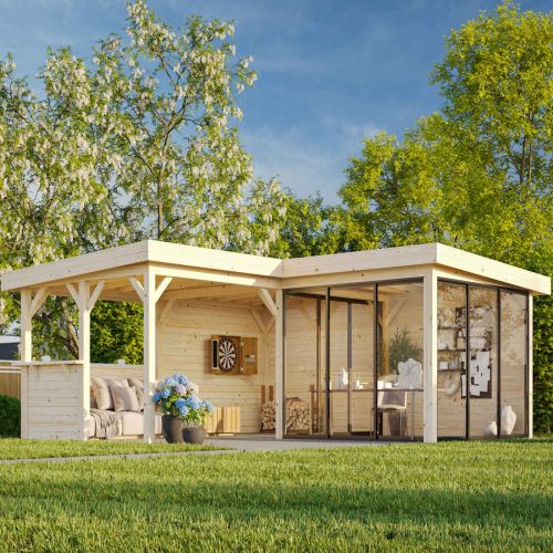 Sorcha 24.9m L Flat Roof Gazebo with 4 Full Walls, 2 Sliding Doors and Corner Half Wall (6m x 6m x 3m)