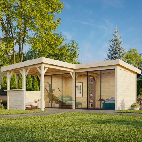 Sorcha 24.9m L Flat Roof Gazebo with 4 Full Walls, 2 Sliding Doors and Corner Half Wall - Version 2 (6m x 6m x 3m)