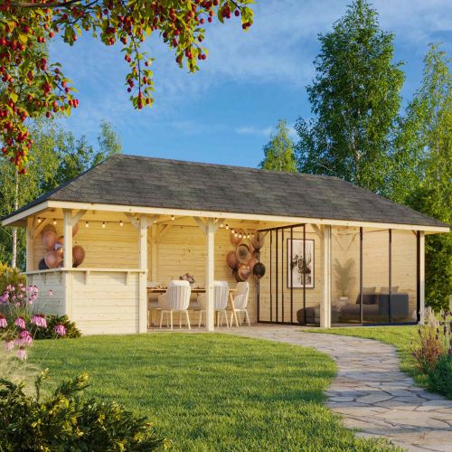 Nuala 24.9m I Gazebo with 4 Full Walls, 2 Sliding Doors and Corner Half Wall (319cm x 876cm x 300cm)