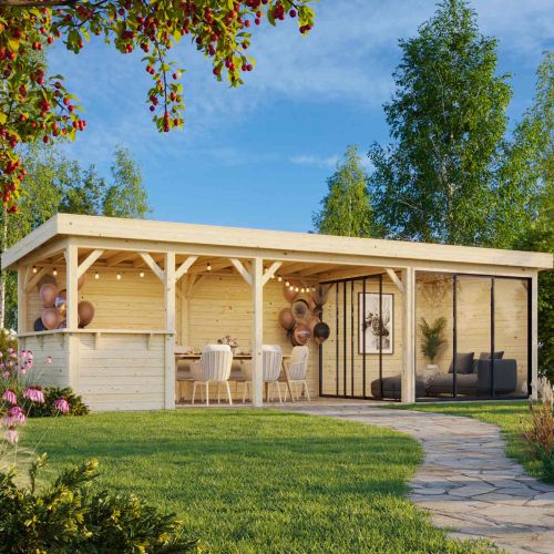 Sorcha 24.9m I Flat Roof Gazebo with 4 Full Walls, 2 Sliding Doors and Corner Half Wall (9m x 3m)