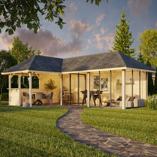 Nuala 33.2m L Gazebo with 4 Full Walls and 4 Sliding Doors and Corner Half Wall (319cm x 876cm x 588cm)	