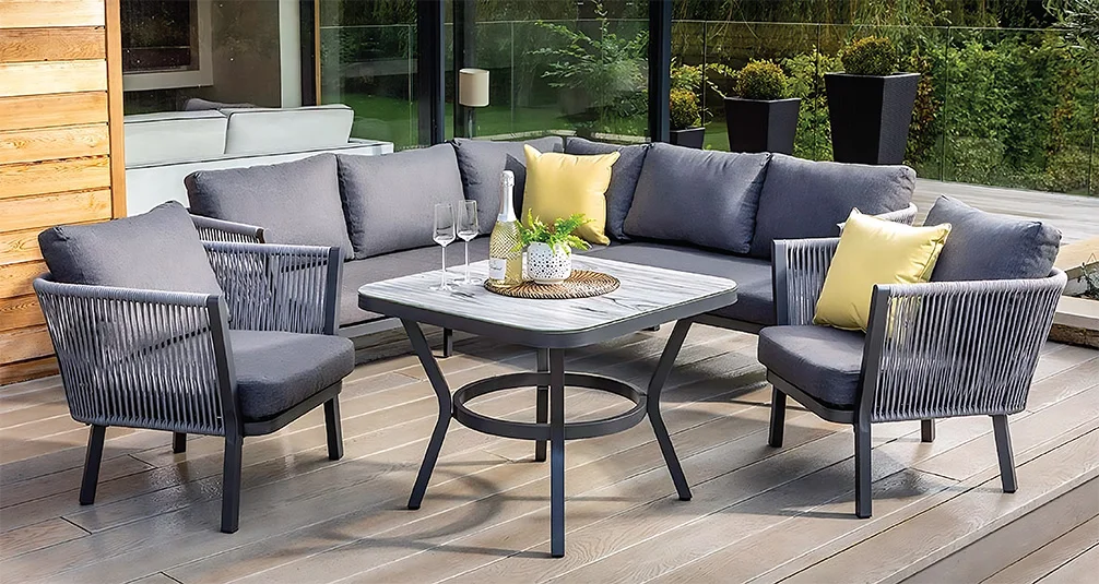 Rope and fabric furniture set on decking